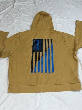 ZELOS Men’s 2XL Tan Thin Blue Line USA Flag Graphic Pullover Hoodie B19